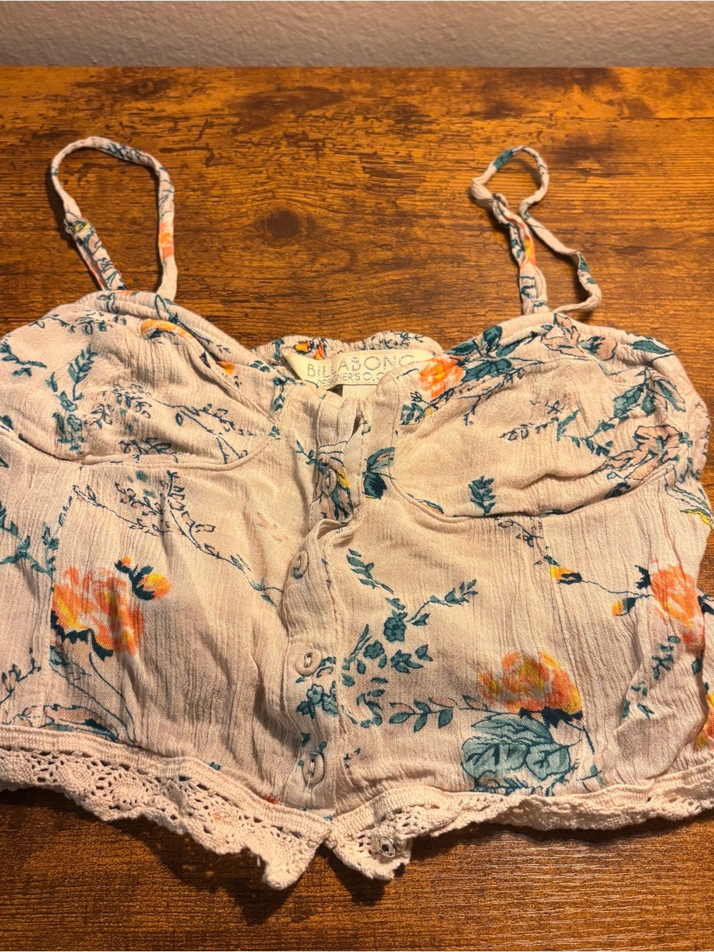 Billabong Cream Floral Button-Front Cropped Cami